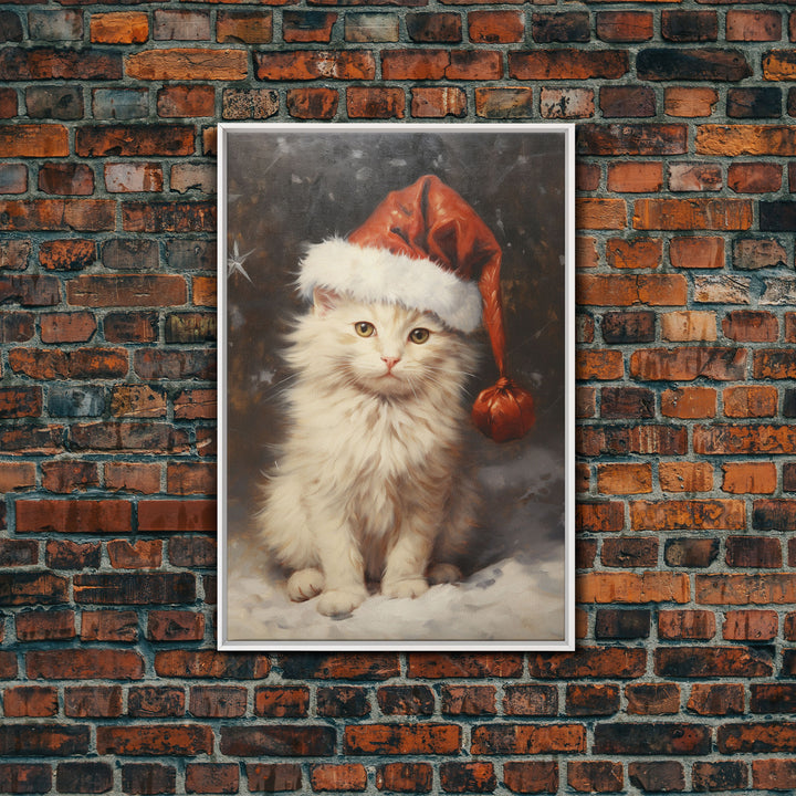 Christmas Cat In A Christmas Hat, Farmhouse Christmas, Farmhouse Decor, Framed Canvas Print, Seasonal Wall Art, Winter Decor, Christmas Art