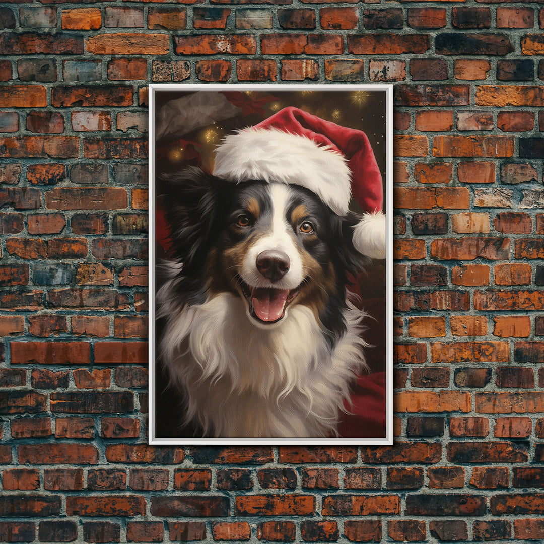 Cute Border Collie In A Santa Hat, Framed Canvas Print, Christmas Decor, Holiday Decor, Seasonal Wall Decor, Farmhouse Christmas