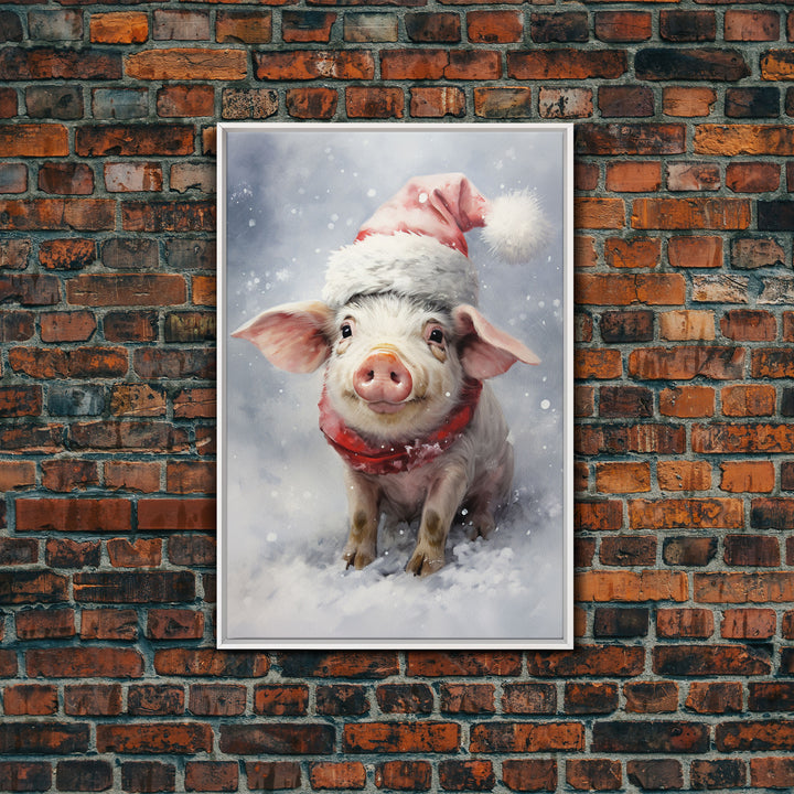 Cute Christmas Pig In A Santa Hat, Christmas Art, Christmas Decor, Christmas Wall Art, Farmhouse Christmas, Vintage Christmas, Pig Print