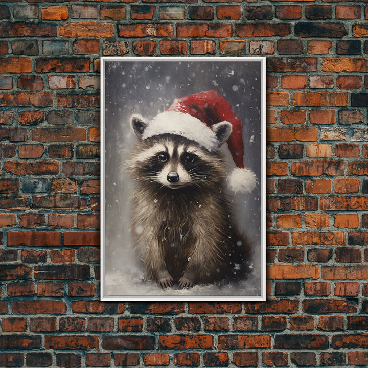 Cute Christmas Raccoon In A Santa Hat, Christmas Art, Christmas Decor, Christmas Wall Art, Farmhouse Christmas, Vintage Christmas Raccoon