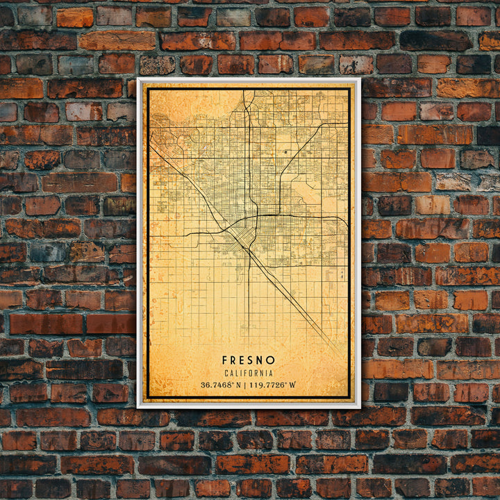 Distressed Fresno California Map, Framed Canvas Print Or Poster, California Map Print, Freso City Wall Art Map Print, Rustic Map Art