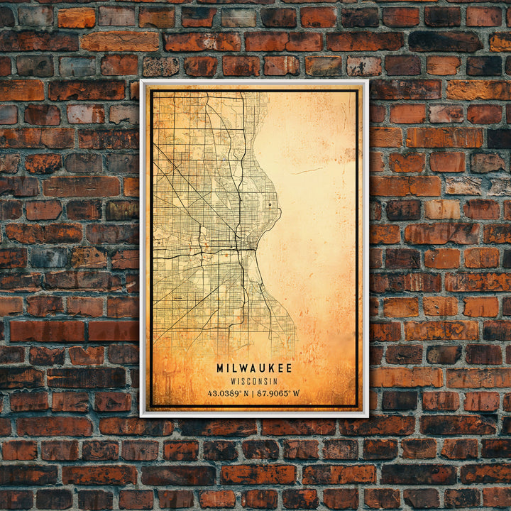 Milwaukee Wisconsin Street Map Wall Art, Framed Canvas Print, Wisconsin Map Print Poster and Canvas, Milwaukee City Office Wall Art