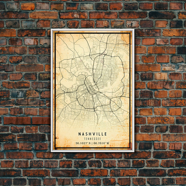 Nashville Map Print, Framed Canvas Wall Art, Tennessee Street Map Art, Davidson City Street Road Map Wall Decor