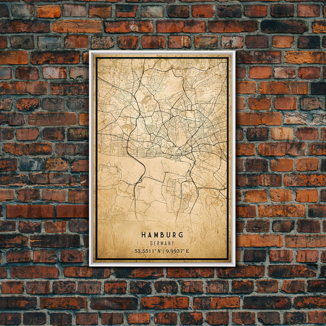 Old Hamburg Germany City Map Wall Art Canvas Print, Vintage Style Hamburg Map, Framed Wall Art, Cool Hamburg Wall Art, Office Art