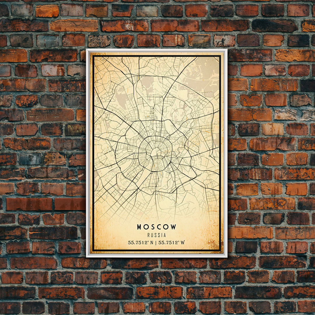 Vintage Style Moscow City Map Wall Art Canvas Print, Distressed Moscow Russia Map, Framed Wall Art, Cool Moscow Travel Wall Art, Office Art