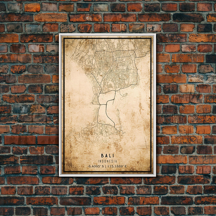 Vintage Bali Indonesia City Map Wall Art Canvas Print, Distressed Style Bali Map, Framed Wall Art, Cool Bali Travel Wall Art, Office Art