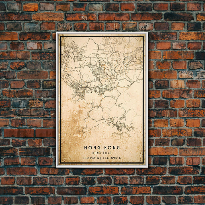 Vintage Hong Kong City Map Wall Art Canvas Print, Distressed Hong Kong Map, Framed Wall Art, Cool Hong Kong Travel Wall Art, Office Art