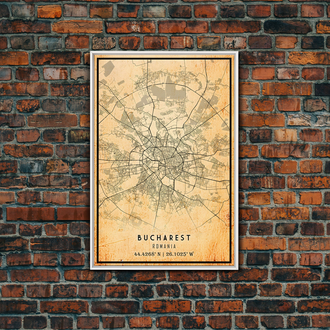 Vintage Style Bucharest City Map Wall Art Canvas Print, Distressed Bucharest Map, Framed Wall Art, Cool RomaniaTravel Wall Art, Office Art