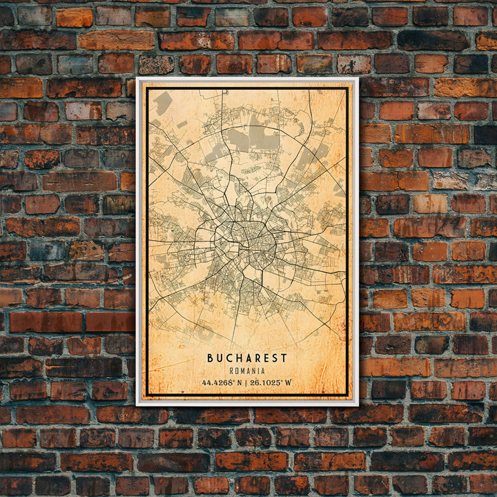 Vintage Style Bucharest City Map Wall Art Canvas Print, Distressed Bucharest Map, Framed Wall Art, Cool RomaniaTravel Wall Art, Office Art