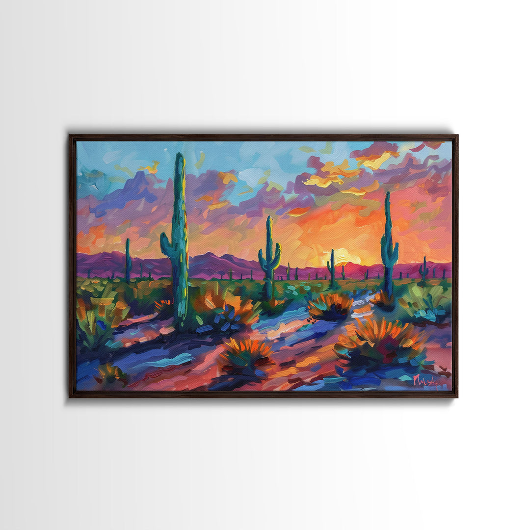 Sunset In The Desert, Framed Canvas Print, Out In The Desert, Southwestern Decor, Watercolor Painting, Original Painting