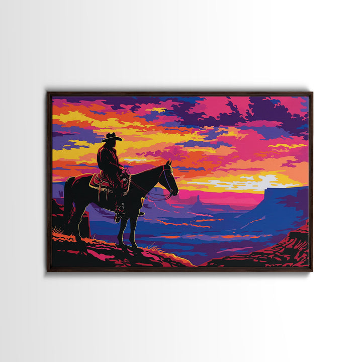 The Rider, Kitsch Western Decor, Framed Canvas Print, Western Dorm Room Decor, Wild West Wall Art, Home Decor