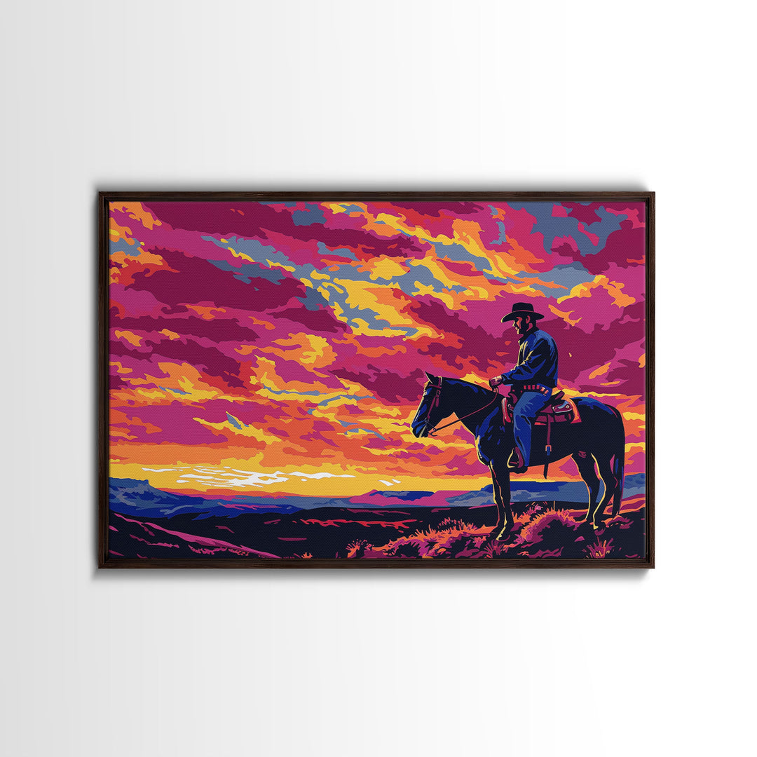 The Cowboy Rides At Sunset, Living Room Art, Framed Canvas Print Original Art, Watercolor Painting, Cowboy Painting, Rustic Western Decor