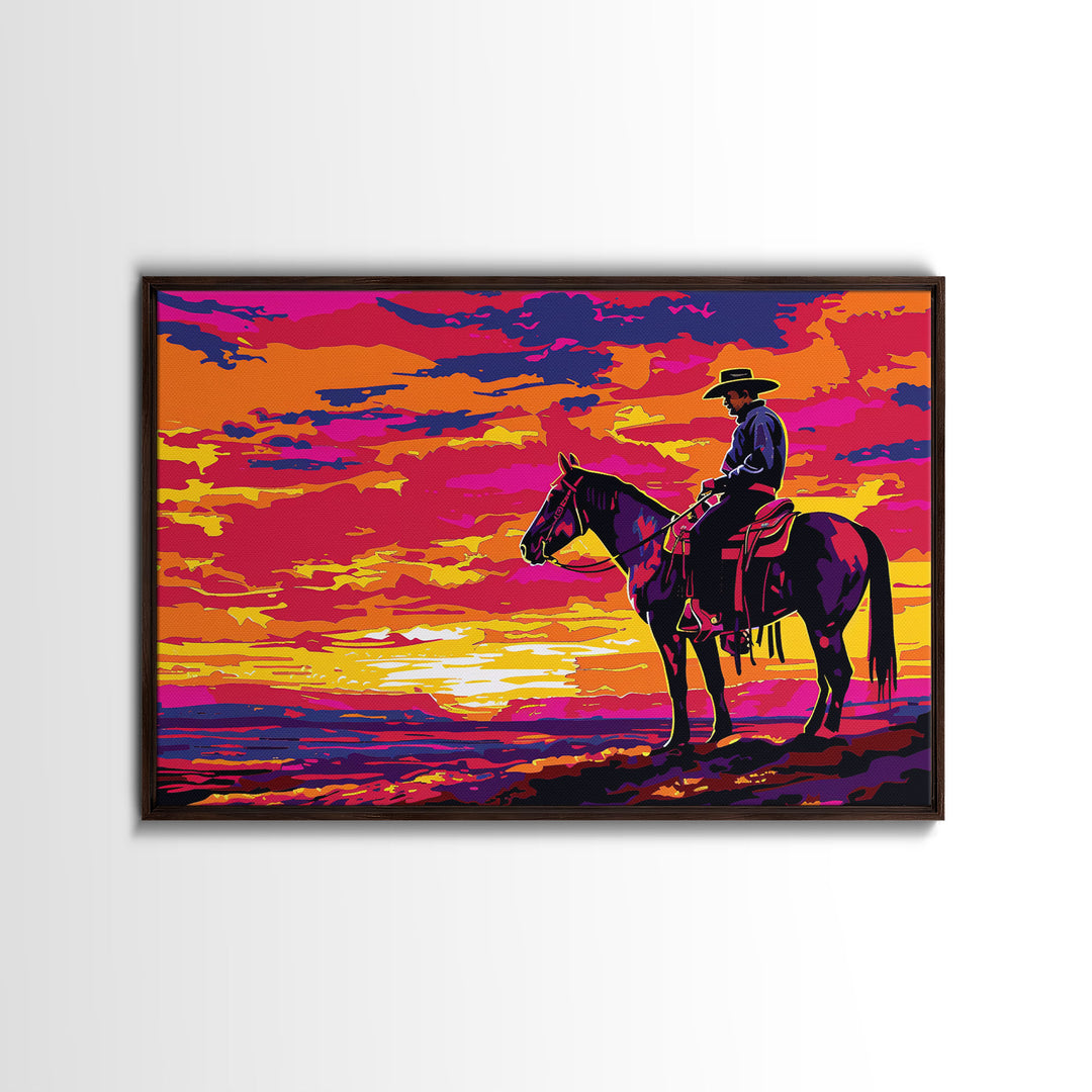 Wild West Cowboy At Sunset Framed Canvas Print, Pop Art, Watercolor Painting, Room Decor Western Aesthetic