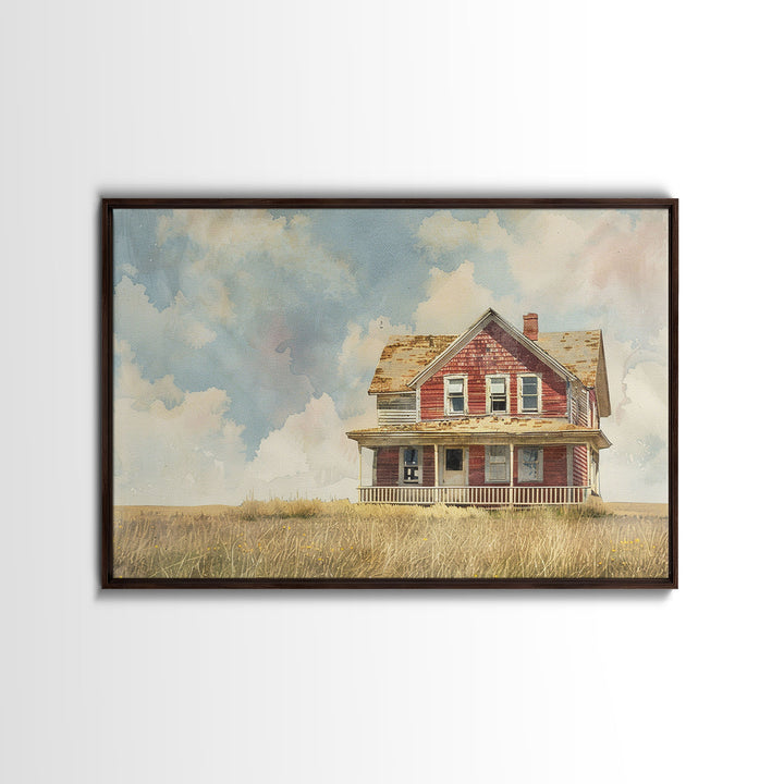 Watercolor Painting Of An Old Red Farmhouse, Framed Canvas Print, Wall Art Prints, Rustic Farmhouse Decor, Minimalist Art, Kitsch Decor