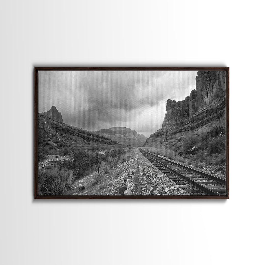 The Train Tracks, Framed Canvas Print, Black and White Western Photography, Wild West Art, Metal Art, Metal Print, Rustic Country Wall Art