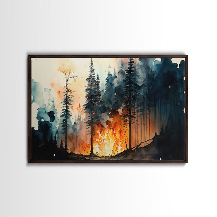 Watercolor Painting Print Of a Forest Fire, Framed Wall Art, Rustic Decor, Pine Tree Forest Print, Living Room Art, Bed Room Wall Art