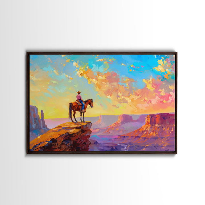 Western Art Print, Vintage / Retro Cowboy Wall Art, Framed Canvas or Metal Art, Midcentury Modern Watercolor Painting, Cowboy at Sunset