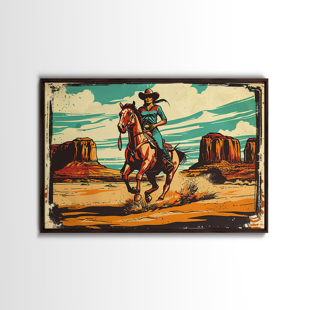 Western Decor Cowgirl Print, Wood Framed Canvas Print, Western Pop Art, Colorful Wall Decor, Gift For Her, Home Decor, Southwest Decor