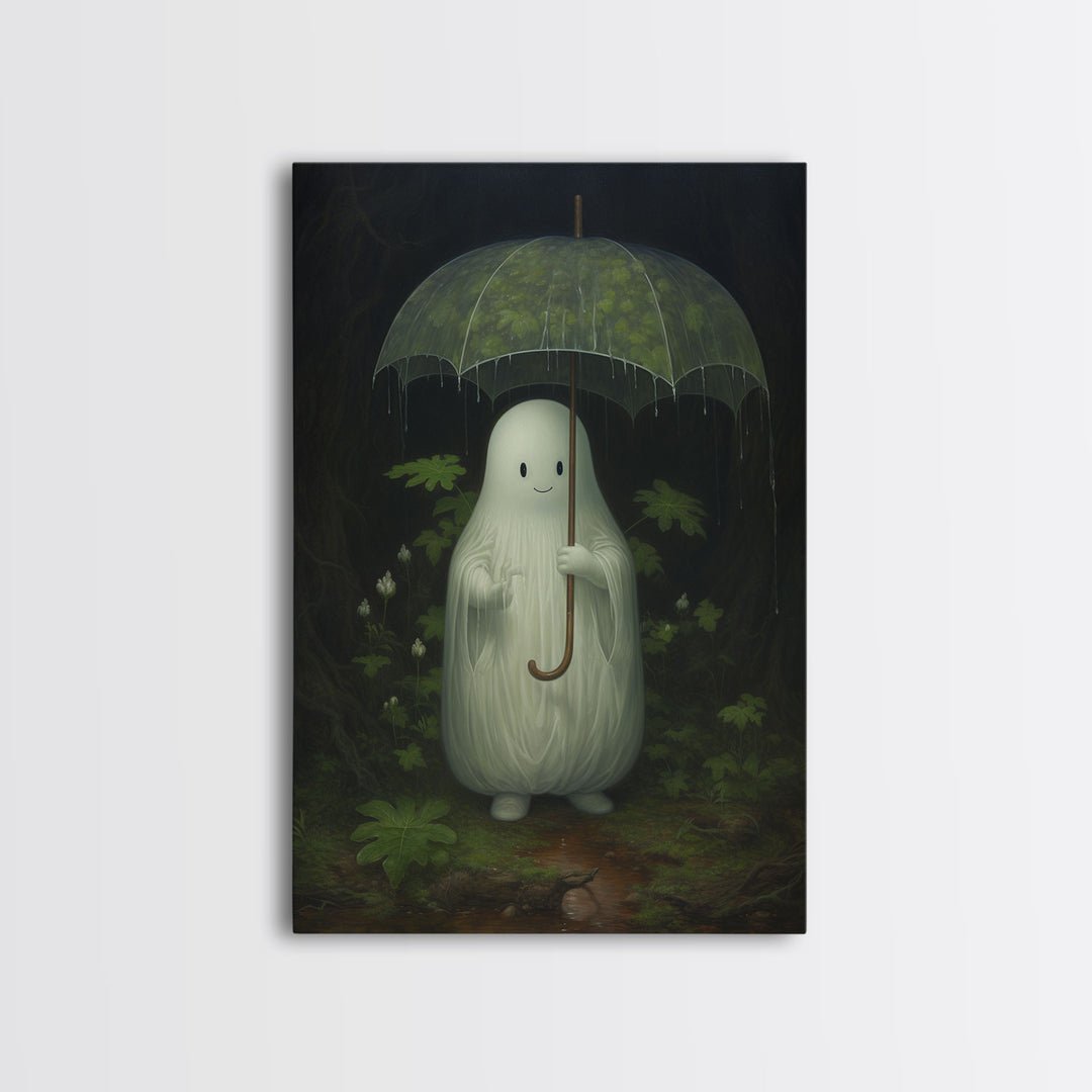 Ghost Holding an Umbrella In The Rain, Vintage Halloween Canvas Print, Framed Canvas, Halloween Wall Art, Dark Academia, Spooky Haunted