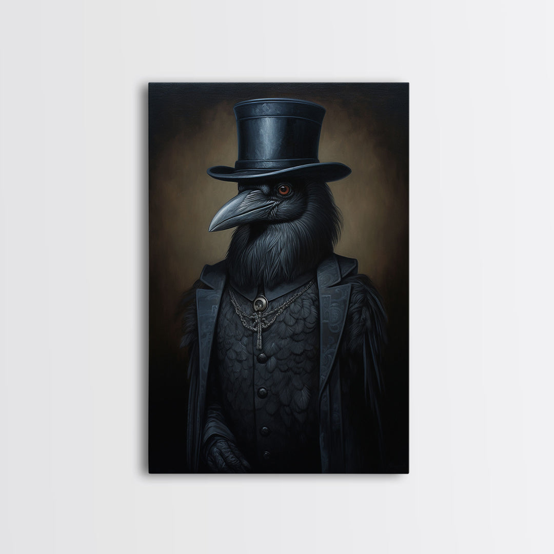 Gothic Raven Vintage Canvas, Art Canvas Print, Framed Canvas, Home Decor, Victorian Crow, Funny Halloween Art, Dark Academia Portrait