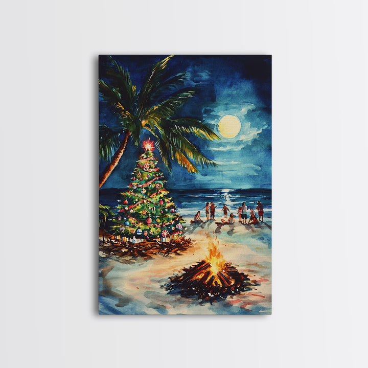 A Beach Christmas Framed Canvas Print, Christmas Painting, Tropical Beach Xmas Decor