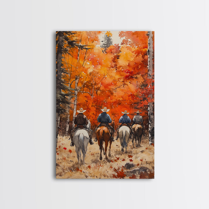 The Riders, Autumn Decor, Framed Canvas Print, Fall Painting, Fall Centerpiece Decor, Vintage Autumn Or Fall Painting Art