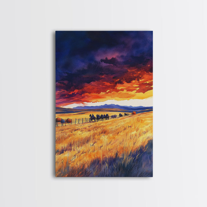 The Cattle Drive At Sunset, Framed Canvas Print, Autumn Decor, Beautiful Sunset Wall Art Painting