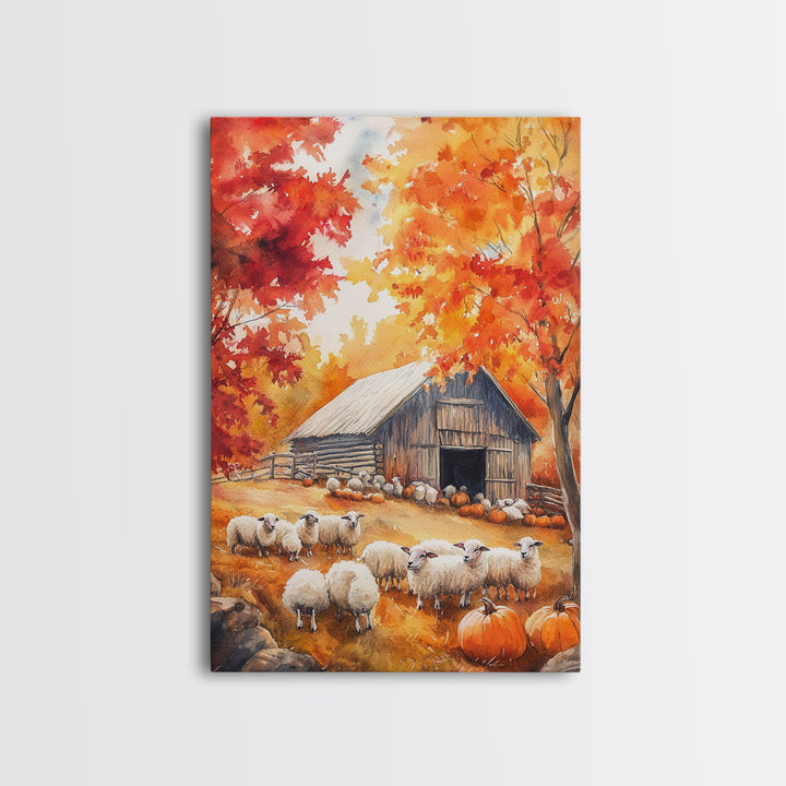 The Sheep Farm In Fall Framed Canvas Print, Farmhouse Decor, Boho Painting Wall Art