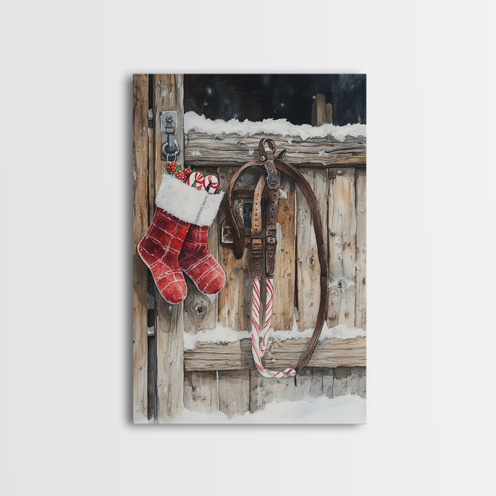 Wild West Christmas, Framed Canvas Print, Stirrups and Stockings, Cowboy Art