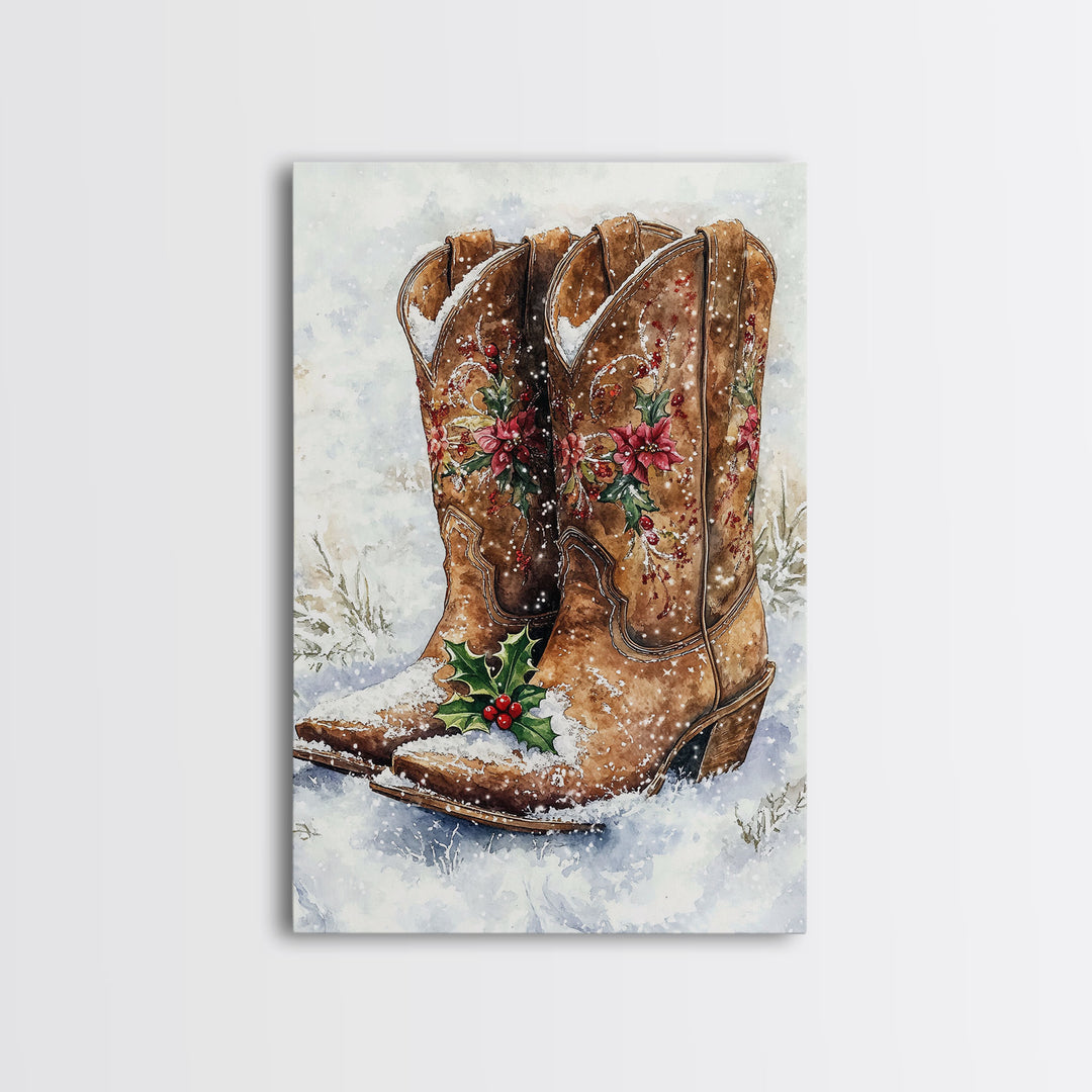 Christmas Cowboy Boots, Framed Canvas Print, Primitive / Rustic Farmhouse Wall Art, Cowboy Decor, Texan Art, Christmas Vintage Art