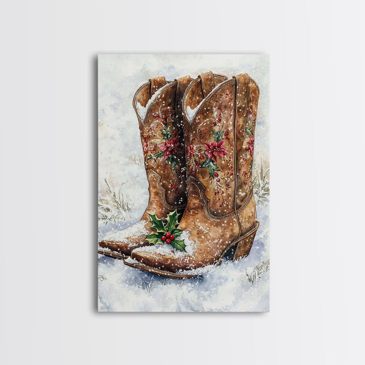 Christmas Cowboy Boots, Framed Canvas Print, Primitive / Rustic Farmhouse Wall Art, Cowboy Decor, Texan Art, Christmas Vintage Art