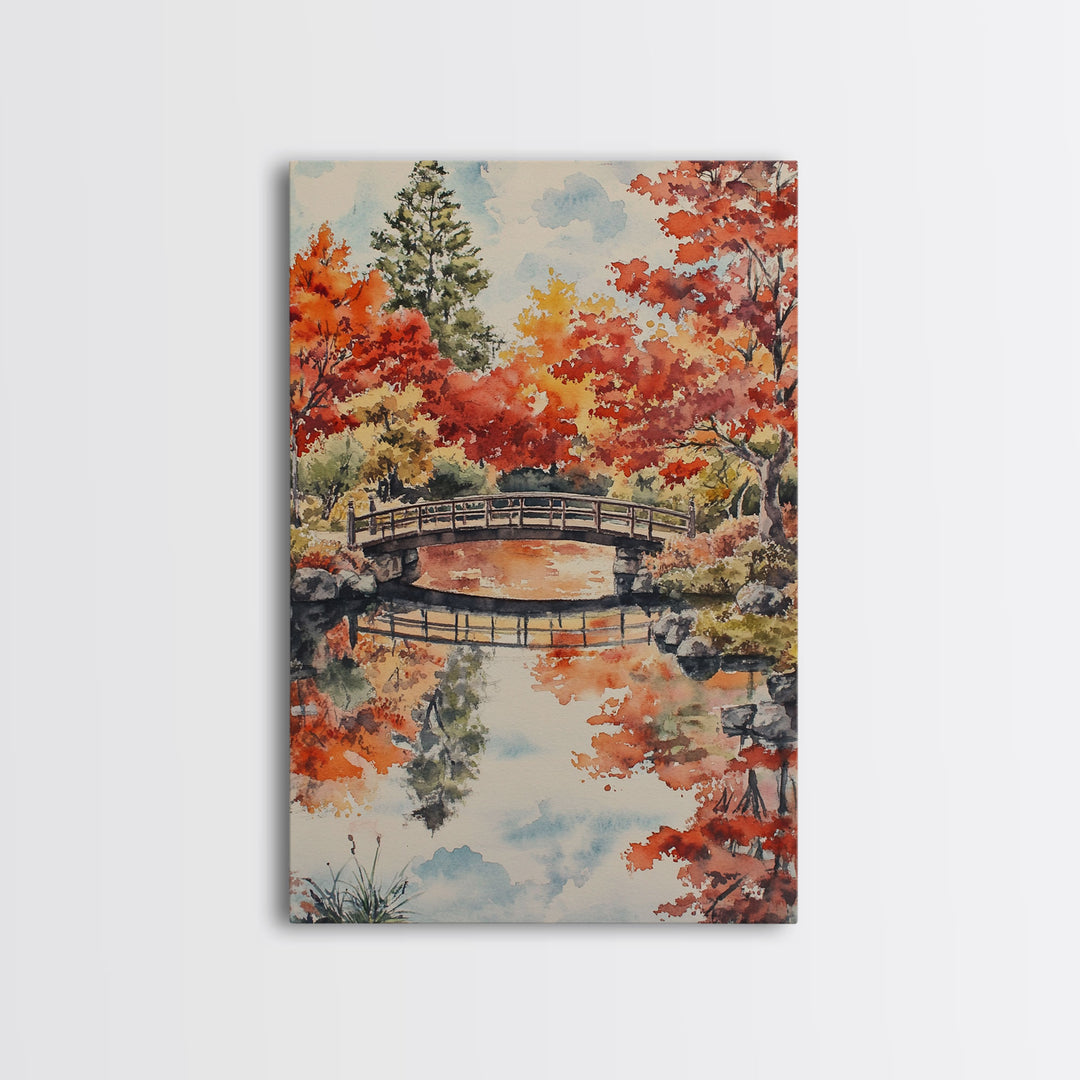 The Fall Bridge, Framed Canvas Print, Autumn Decor, Holiday / Seasonal Wall Art Gift For Her, Moody Landscape