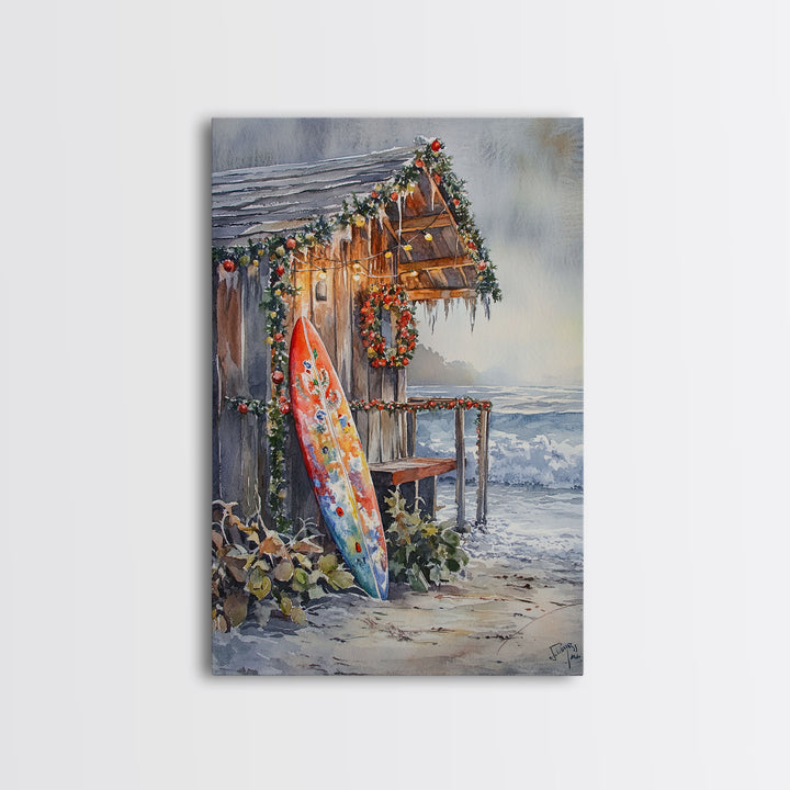 Surf Shack Decorated For Christmas, Tropical Christmas Wall Art, Canvas Print, Wood Framed Wall Art, Christmas Vintage, Christmas Vacation