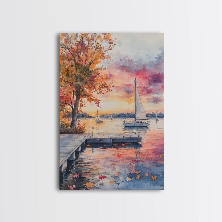 Sailboats at Sunset In The Fall, Framed Canvas Print, Beach House Wall Art, Lake House Art