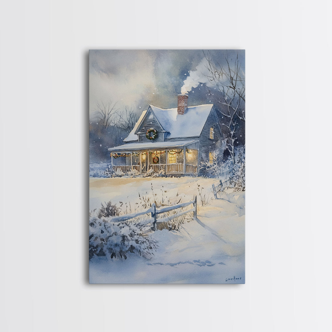 Christmas Cottage Wall Art, Framed Canvas Print, Winter Wonderland Landscape Print