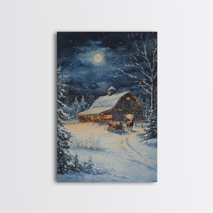 The Christmas Barn, Framed Canvas Print, Farmhouse Christmas Wall Art