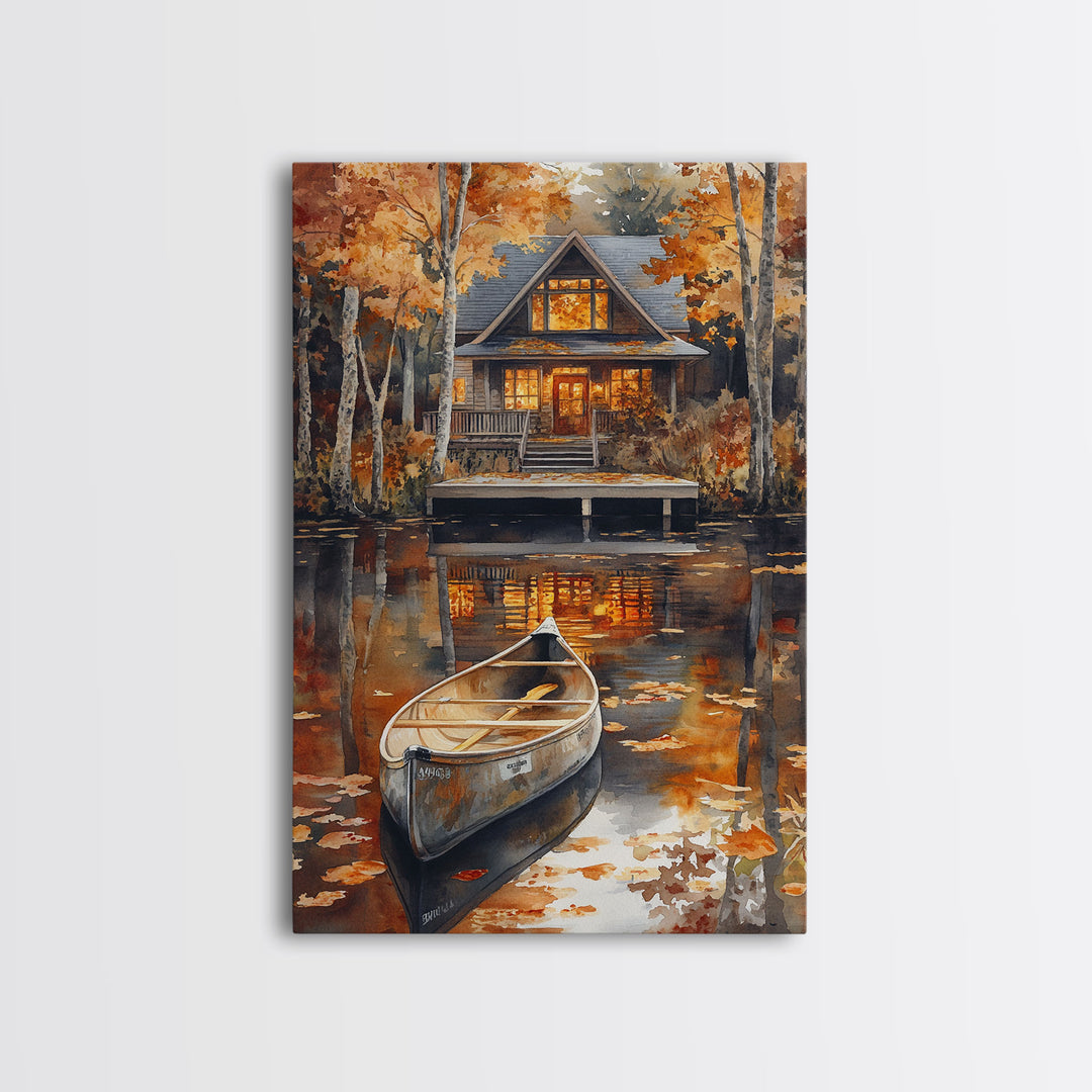 Canoe on the Lake, Lake House Decor, Framed Wall Art Canvas Print, Fall Decor, Seasonal Decor, Holiday Decor Gift