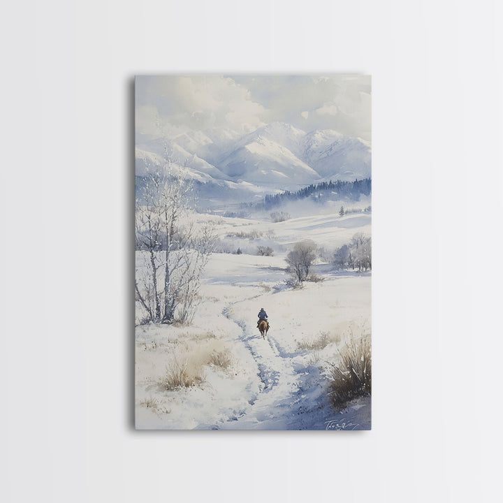 Rider In The Snow, Western Wall Art, Wild West Winter Wonderland, Christmas Wallart, Winter Landscape Painting