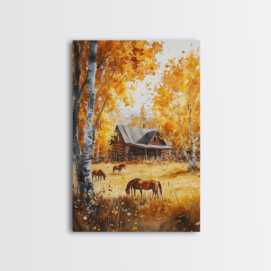 Log Cabin and Horses In The Fall, Wood Framed Wall Art, Primitive Thanksgiving Home Decor, Living Room Art