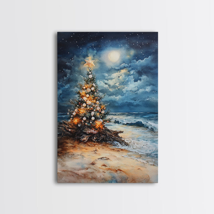 Christmas Tree On The Beach, Framed Canvas Print, gallery wall, Christmas Poster, Xmas Prints