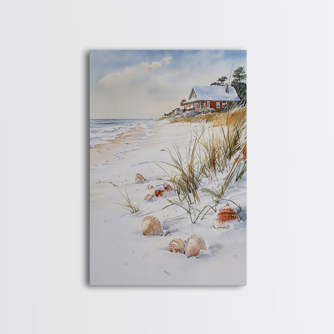 Christmas On A Snow Capped Beach, Wood Framed Wall Art, Rustic Christmas Decor, Tropical / nautical Christmas Art