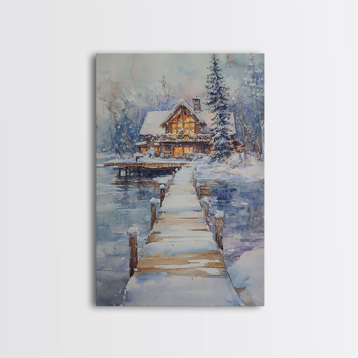 Christmas At The Lake, Framed Canvas Print, Wood Frame Lake House Decor, Winter Lakehouse Art