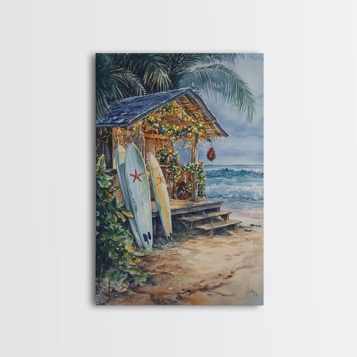 The Surf Shack at Christmas, Surfboard Art, Surfer Christmas Wall Decor, Framed Canvas Print, Cute Christmas Wall Art / Gift Idea