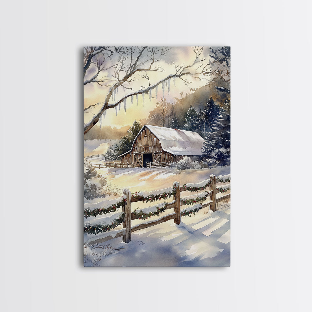 Winter Barn Painting Framed Canvas Print, Xmas Wall Art, Xmas Gift, Winter Wonderland Gift Idea, Western Decor