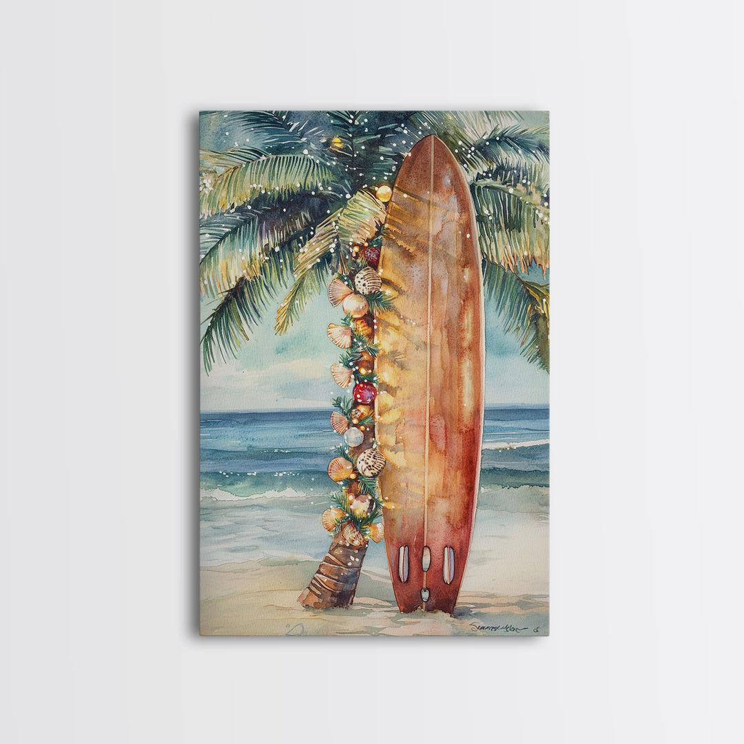 Surfboard Art Framed Canvas Print, Tropical Christmas Decor, Xmas Art, Christmas 2024 Gift Idea For Her