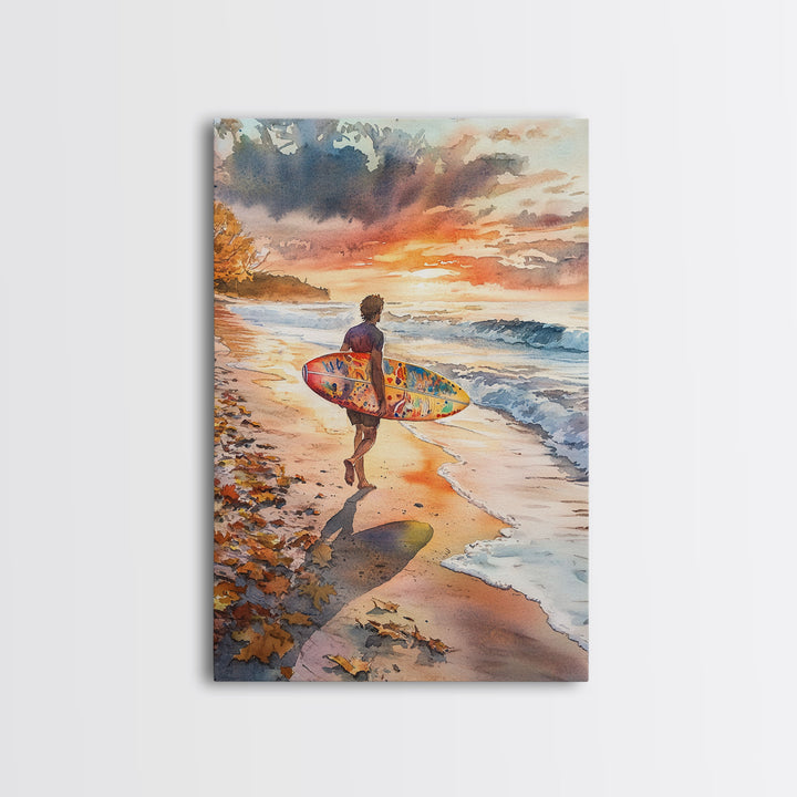 Tall Art Surfer Beach Walk At Sunset Framed Canvas Print Fall Coastal Wall Decor Best Gift Idea Holiday Wall Art Christmas Beach Art