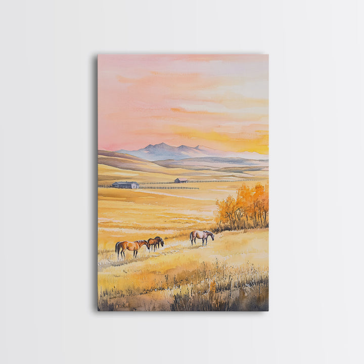 Horses Grazing In Golden Fields Framed Canvas Print Autumn Country Landscape Best Gift Holiday Wall Art Farmhouse Christmas Decor