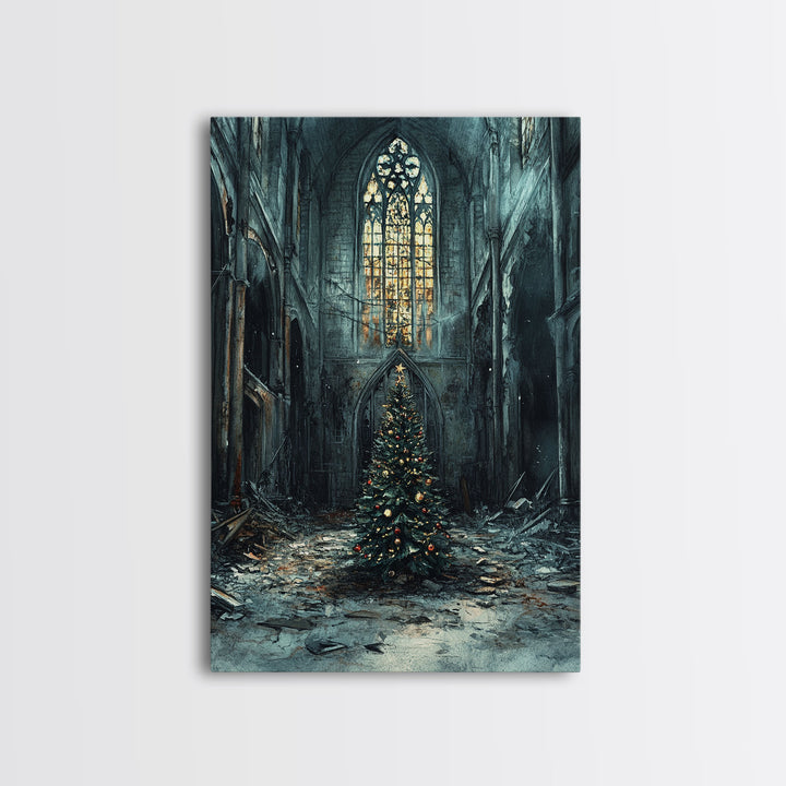 Moody Landscape Gothic Cathedral Christmas Tree Framed Canvas Print Christian Christmas Art Gift Rustic Holiday Wall Art Home Decor