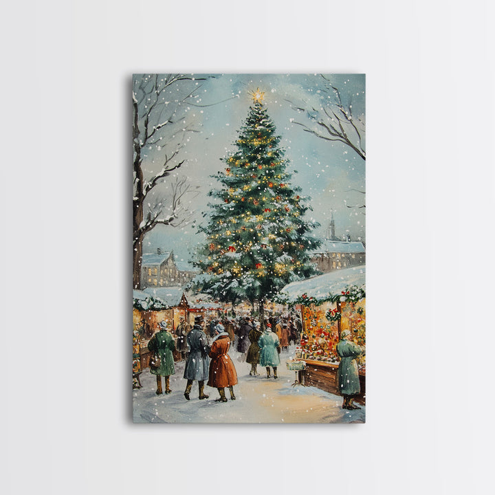 Snowy Christmas Market with Decorated Stalls and Large Holiday Tree, Framed Canvas Print for Vintage Christmas Wall Decor