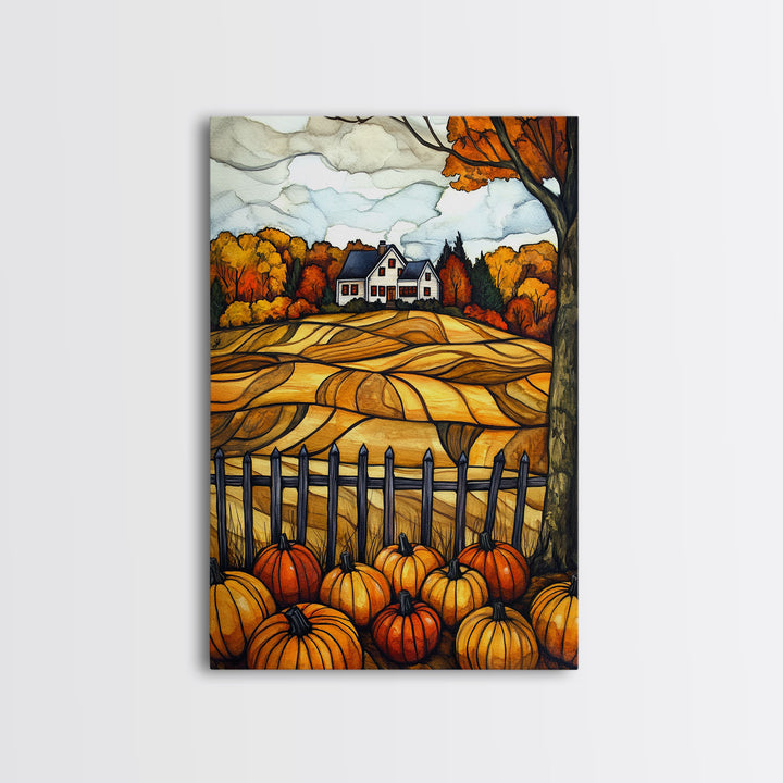 Cozy Fall Farmhouse With Pumpkins Framed Canvas Print Autumn Wall Art Country Farmhouse Decor Best Gift Idea Above Sofa Seasonal Art